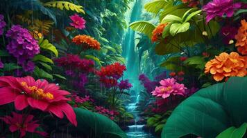 Ai generative, a tropical jungle with flowers and water video