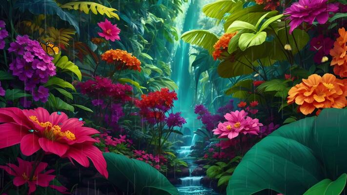 Live Wallpaper Nature Stock Video Footage For Free Download Ai Generative A Tropical Jungle With Flowers And Water Free Video