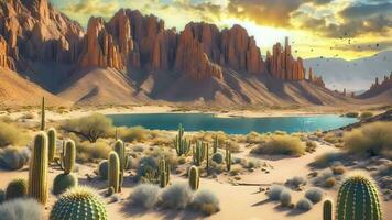 ai generatief, de woestijn landschap is een woestijn landschap, met cactus planten en cactus bomen, en een video