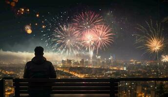 ai generativo, homem sentado em Banco assistindo fogos de artifício sobre cidade video