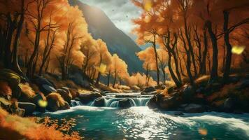 Ai generative, a painting of a river in the woods with trees and leaves video