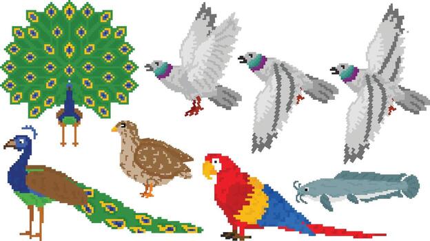 Farm animals designed based on 8 bit size. Suitable for your game assets, birds collection. vector