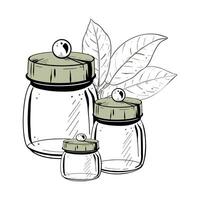 Vector illustration set of three empty closed glass containers with solid lids and cocoa leaves. Black outline, graphic drawing in curves. For postcards, design and composition decoration, prints