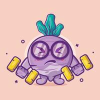 gracioso nabo vegetal personaje mascota haciendo culturismo utilizando pesa aislado dibujos animados en plano estilo diseño vector