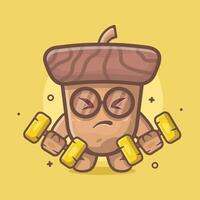 funny acorn character mascot doing bodybuilding using dumbbell isolated cartoon in flat style design vector