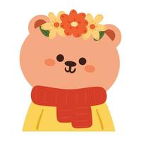 hand drawing cartoon bear wearing red scarf and flower crown vector