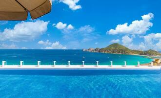 Scenic panoramic aerial view of Los Cabos landmark tourist destination Arch of Cabo San Lucas photo