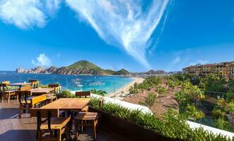 Scenic panoramic aerial view of Los Cabos landmark tourist destination Arch of Cabo San Lucas photo