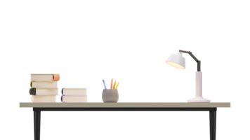 3d tolkning av bok stack, penna och penna hållare, lampa på skrivbord png