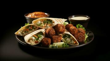 Large plate with falafel and salad on a dark background, restaurant concept, AI Generated photo