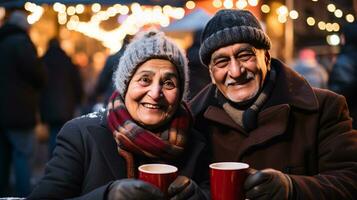 ai generative image of people in a christmas market looking at ornaments drinking mulled wine photo