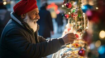ai generative image of people in a christmas market looking at ornaments drinking mulled wine photo