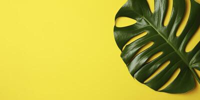 tropical hojas monstera en amarillo antecedentes. vacío espacio plano poner. creativo mínimo verano concepto. generativo ai foto