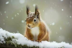 Red squirrel in the falling snow. Cute squirrel sitting in the snow covered with snowflakes. Winter background. Generative AI photo