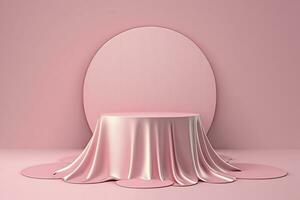 Abstract geometry shape pink color podium on pink color background for product. Pink product background stand or podium pedestal on abstract fabric display with pastel backdrops. Generative AI photo