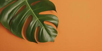 tropical hojas monstera en naranja antecedentes. vacío espacio plano poner. creativo mínimo verano concepto. generativo ai foto