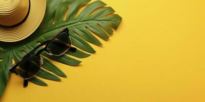 tropical palma hojas con Paja sombrero y Gafas de sol en amarillo antecedentes. vacío espacio plano poner. creativo mínimo verano concepto. generativo ai foto