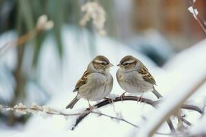 Cute little sparrows sitting on a branch in winter. Winter background, animal theme. Generative AI photo