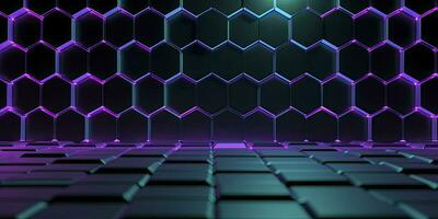 Geometry hexagon. Digital hexagon abstract background. Futuristic neon wall. Abstract background. Generative AI photo