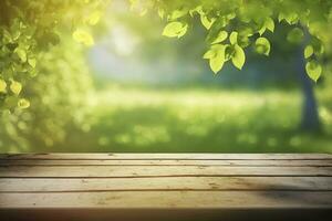 Beautiful spring background with green leaves and empty wooden table in nature outdoors.. Natural place with bokeh and sunlight. Picnic concept. Generative AI photo