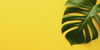 Tropical leaves monstera on yellow background. Empty space flat lay. Creative minimal summer concept. Generative AI photo