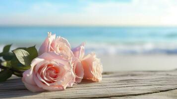 Bunch of pink roses on table. Pink roses on a wooden table on a romantic beach background. Generative Ai photo