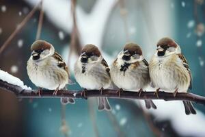 Cute little sparrows sitting on a branch in winter. Winter background, animal theme. Generative AI photo