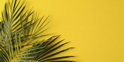 tropical palma hojas en amarillo antecedentes. vacío espacio plano poner. creativo mínimo verano concepto. generativo ai foto