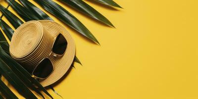 tropical palma hojas con Paja sombrero y Gafas de sol en amarillo antecedentes. vacío espacio plano poner. creativo mínimo verano concepto. generativo ai foto