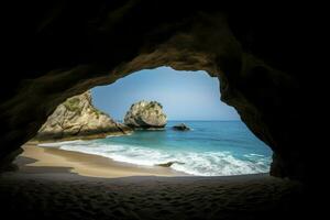 Beautiful beach visible from inside the cave. View from the cave a sandy beach along the ocean. Generative AI photo