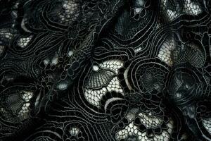 Black lace. Texture of black lace background. Victorian gothic style. Generative AI photo