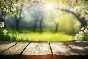 Spring table. Blossoms in sunny garden with defocused lights. Wood table with pink cherry blossom flower. Generative AI photo