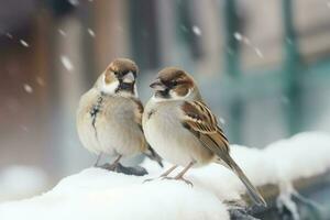 Cute little sparrows sitting on a branch in winter. Winter background, animal theme. Generative AI photo