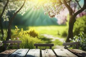 Spring table. Blossoms in sunny garden with defocused lights. Wood table with pink cherry blossom flower. Generative AI photo