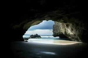 Beautiful beach visible from inside the cave. View from the cave a sandy beach along the ocean. Generative AI photo