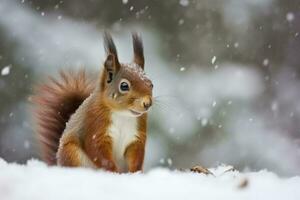 Red squirrel in the falling snow. Cute squirrel sitting in the snow covered with snowflakes. Winter background. Generative AI photo