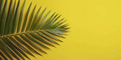 Tropical palm leaves on yellow background. Empty space flat lay. Creative minimal summer concept. Generative AI photo