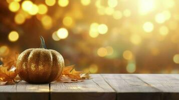 Pumpkin and autumn leaves on picnic table in the fall. Autumn background with copy space. Generative AI photo