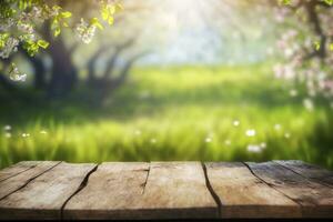 Beautiful spring background with green leaves and empty wooden table in nature outdoors.. Natural place with bokeh and sunlight. Picnic concept. Generative AI photo
