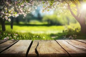 Spring table. Blossoms in sunny garden with defocused lights. Wood table with pink cherry blossom flower. Generative AI photo