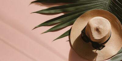 tropical palma hojas con Paja sombrero y Gafas de sol en rosado antecedentes. vacío espacio plano poner. creativo mínimo verano concepto. generativo ai foto