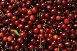 Texture of cherry. Close up of raw organic berry fruits. Sweet and fresh background. Generative Ai photo