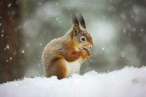 Red squirrel in the falling snow. Cute squirrel sitting in the snow covered with snowflakes. Winter background. Generative AI photo