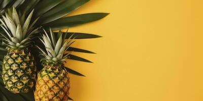 Tropical pineapple and palm on yellow background. Empty space flat lay. Creative minimal summer concept. Generative AI photo