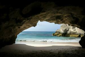 Beautiful beach visible from inside the cave. View from the cave a sandy beach along the ocean. Generative AI photo