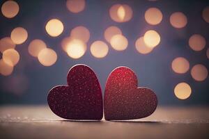 Bokeh love. Two red hearts on bokeh background. The red heart shapes on abstract light glitter background in love concept for romantic moment. Generative AI photo