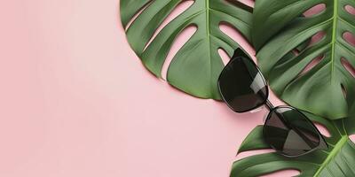 Tropical leaves monstera with sunglasses on pink background. Empty space flat lay. Creative minimal summer concept. Generative AI photo
