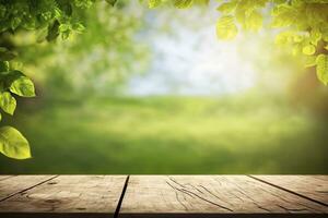 Beautiful spring background with green leaves and empty wooden table in nature outdoors.. Natural place with bokeh and sunlight. Picnic concept. Generative AI photo