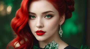 Closeup Short Attractive Young Beautiful Girl Red Lips Hair, Green Eyes, AI Generative photo