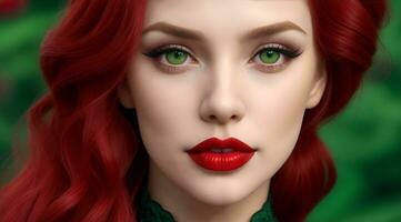 Closeup Short Attractive Young Beautiful Girl Red Lips Hair, Green Eyes, AI Generative photo